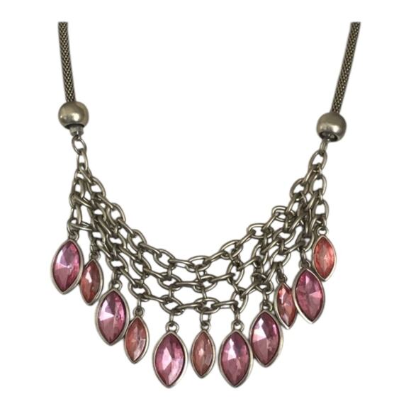 Retro Silver Toned Multicolored Pink Glass Dangling Beads Statement Bib Necklace - Picture 5 of 7